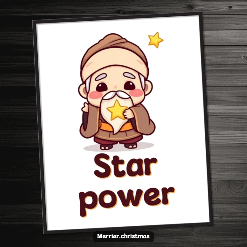 Funny digital art print of a kawaii wise man joyfully offering a tiny, glowing star, for instant inspirational charm.