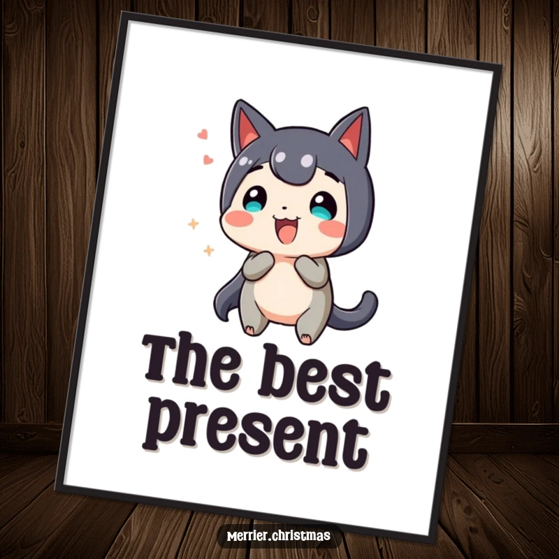 Funny Digital Art Print, a present character captured wiggling energetically, radiating pure excitement and anticipation.
