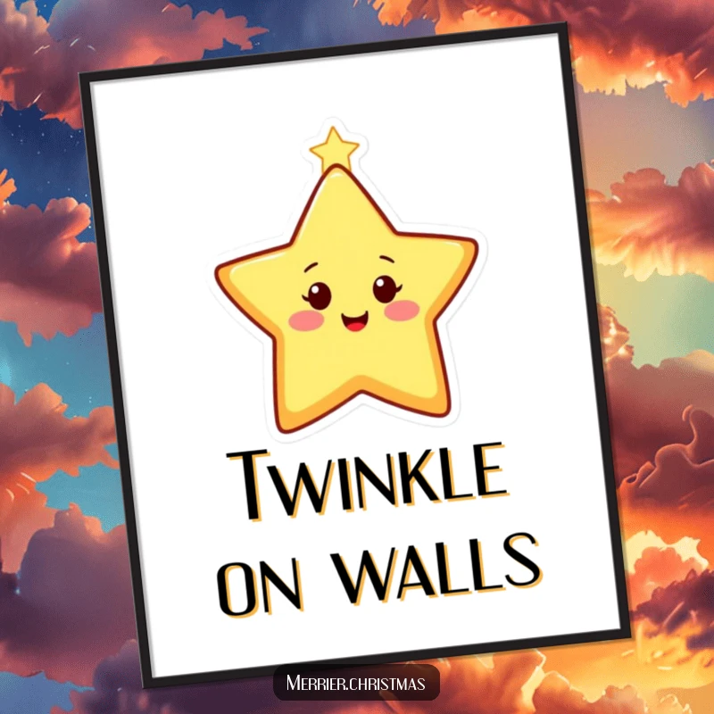 Funny Digital Art Print of a happy, stylized Christmas star character twinkling brightly, perfect for instant festive decoration.