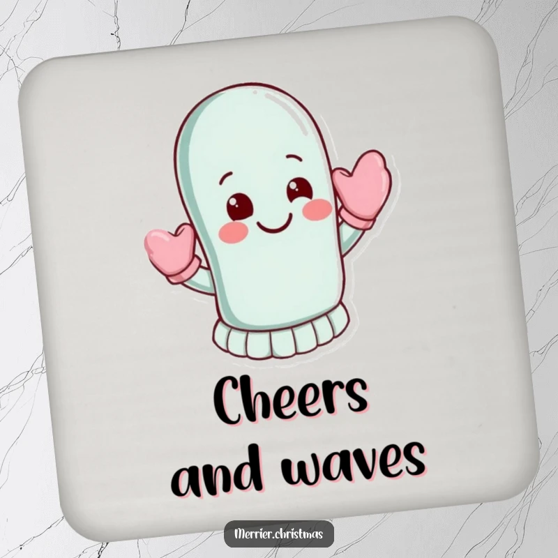 Funny Coaster: A mitten character waves energetically with a warm smile, a charming and functional addition to protect surfaces.
