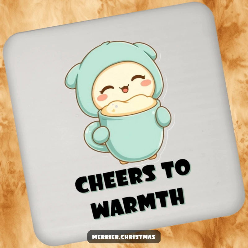 Funny kawaii character winking while holding a mug of warm drink, featured on a protective and humorous coaster set.