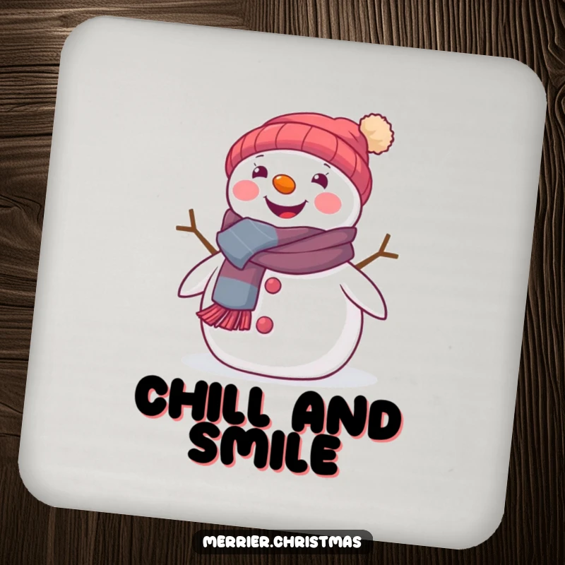 Funny drink coasters featuring a cute snowman in a festive scarf, beaming happily to protect surfaces with charm.
