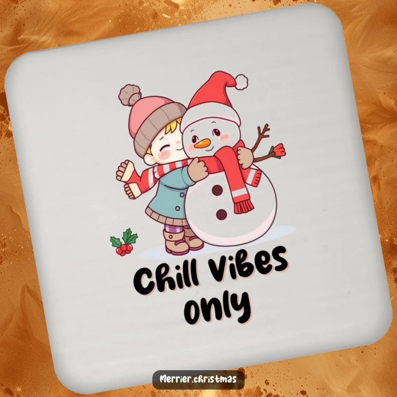 Funny kawaii character hugging a snowman, featured on a protective and humorous coaster set for winter.