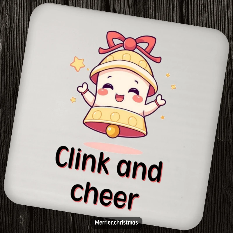 Funny Bell Coaster depicting a ringing bell character expressing delight, protecting surfaces with festive and humorous charm.