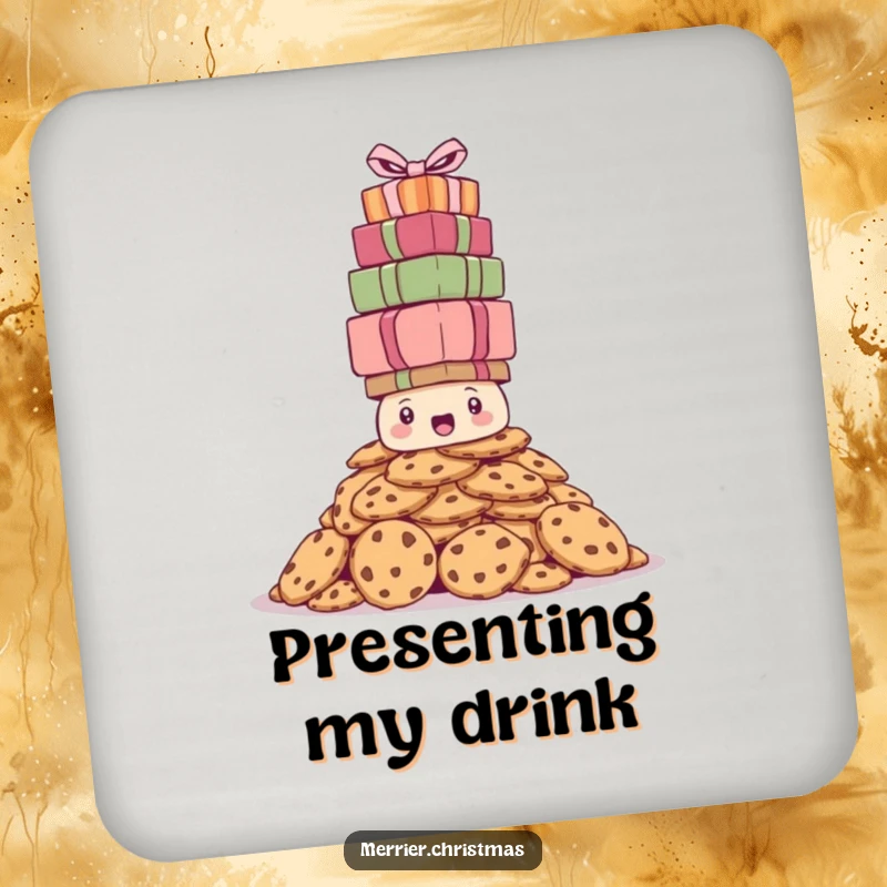 Funny drink coaster with a bewildered pile of cookies attempting to balance a towering stack of holiday presents, protecting surfaces humorously.