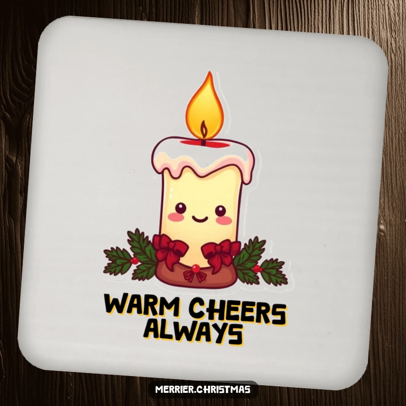 Funny Christmas candle coaster, a character with a warm, smiling flame, adding festive charm.