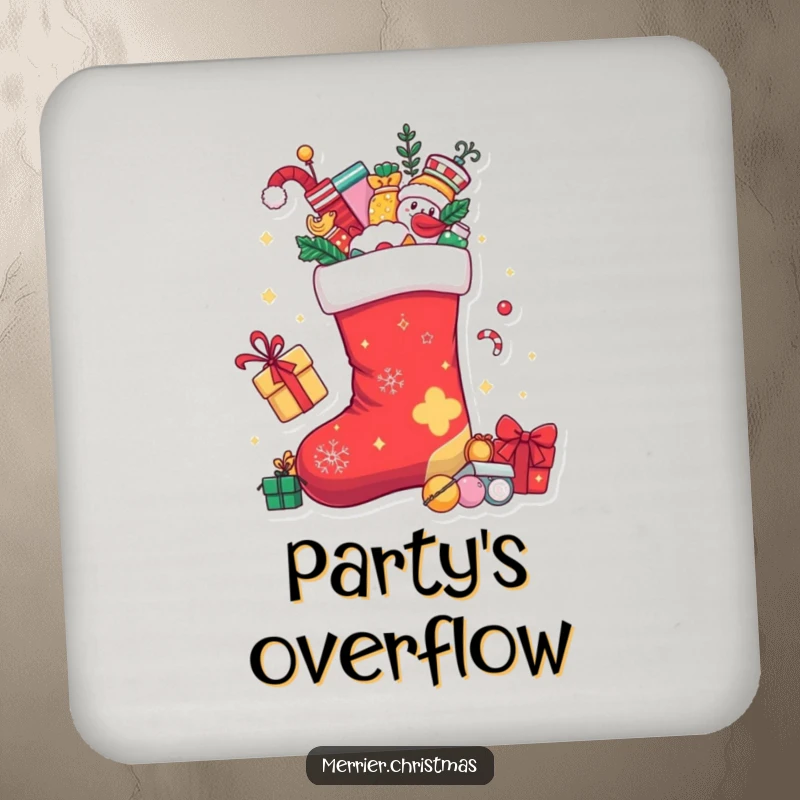 Funny Christmas stocking character overflowing with playful treats, featured on a protective drink coaster for tables.
