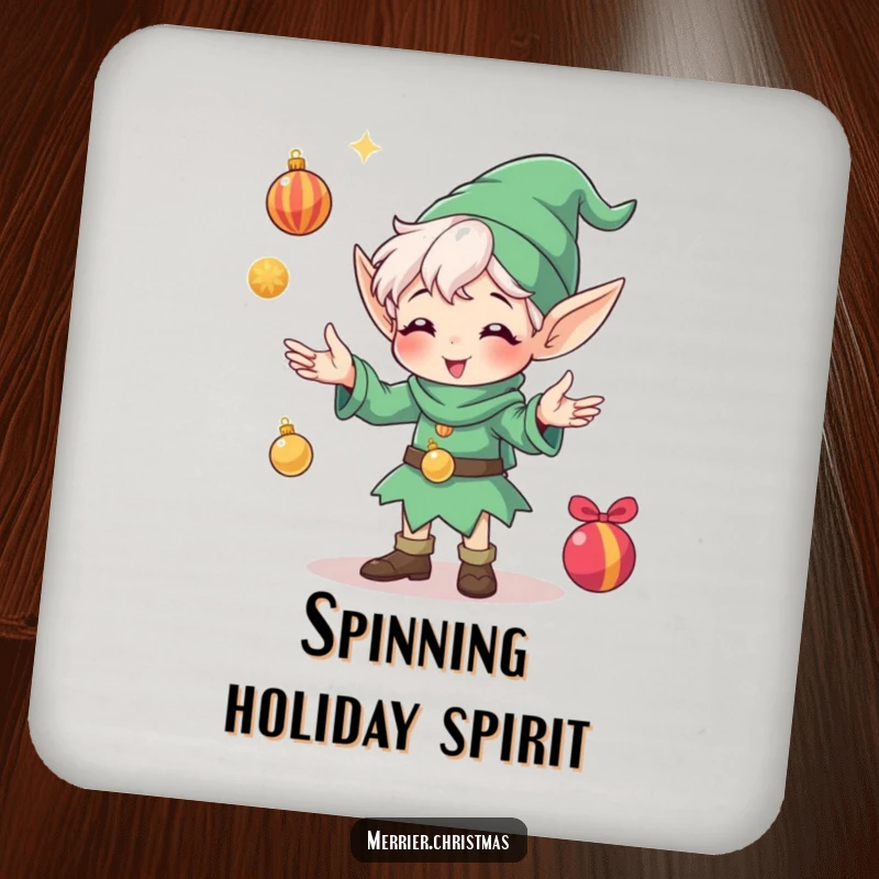 Funny drink coaster with a happy elf character juggling shiny Christmas ornaments, adding a touch of festive fun to any table.
