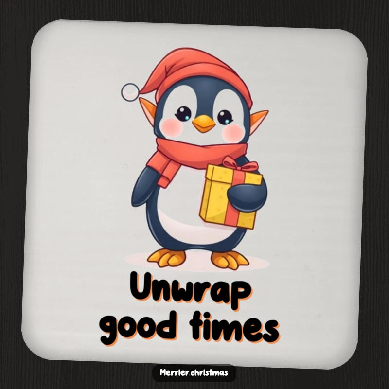 Funny elf penguin coaster, dressed as a holiday elf, holding a wrapped gift, protecting tables with festive charm.