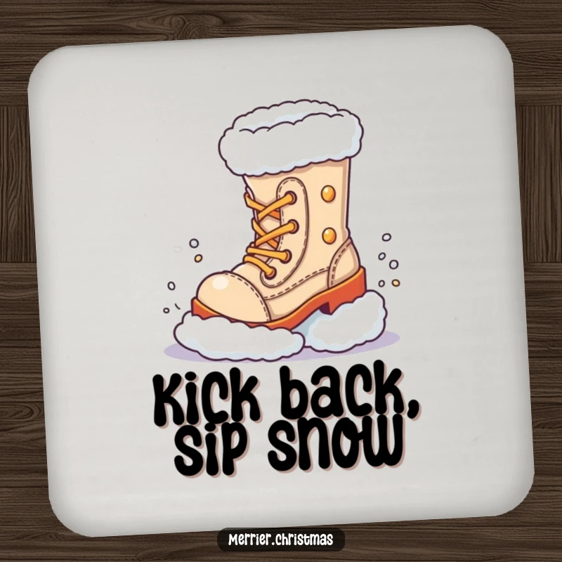 Funny Drink Coaster, featuring a festive boot character kicking up a swirl of snow, protecting your surfaces.