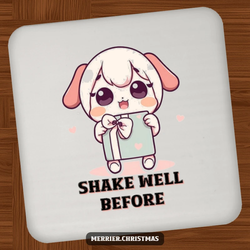 Funny Coaster showcasing a cute kawaii character shaking a wrapped gift with wide, excited eyes, perfect for gift lovers.