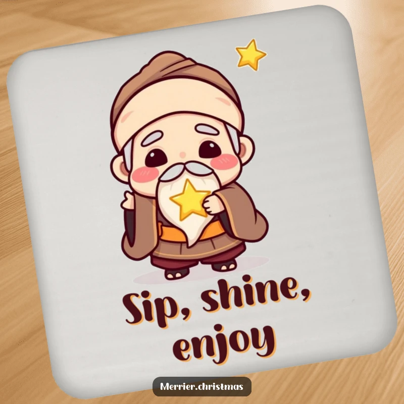 Funny drink coaster featuring a kawaii wise man character joyfully offering a tiny, glowing star, protecting your surfaces.