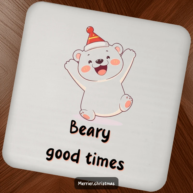 Funny Polar Bear Cub Drink Coasters: a set featuring a happy cub humorously doing a somersault, protecting surfaces.
