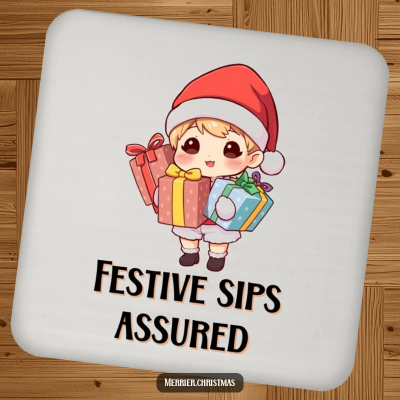 Funny coaster showcasing a character in a Santa hat holding brightly wrapped gifts, protecting tables with a festive and humorous design.