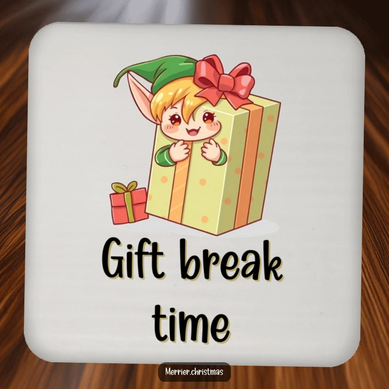 Funny coaster featuring an elf character enthusiastically wrapping a large gift, adding a festive and humorous touch.