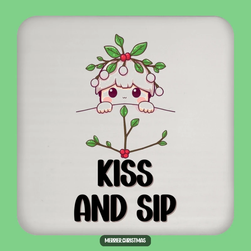 Funny Mistletoe Peeking Drink Coaster: Playful Holiday Character Protector for Festive Tables