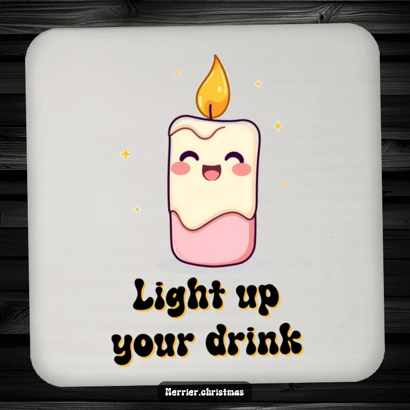 Funny Candle Coaster depicting a flickering candle character radiating cheerful energy, protecting surfaces with a humorous touch.
