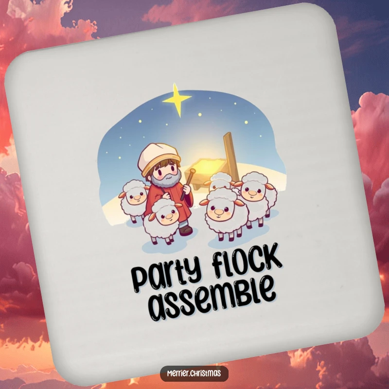 Funny Kawaii Shepherd Drink Coaster: Cute cartoon shepherd leading fluffy sheep, protecting surfaces from spills with a smile.