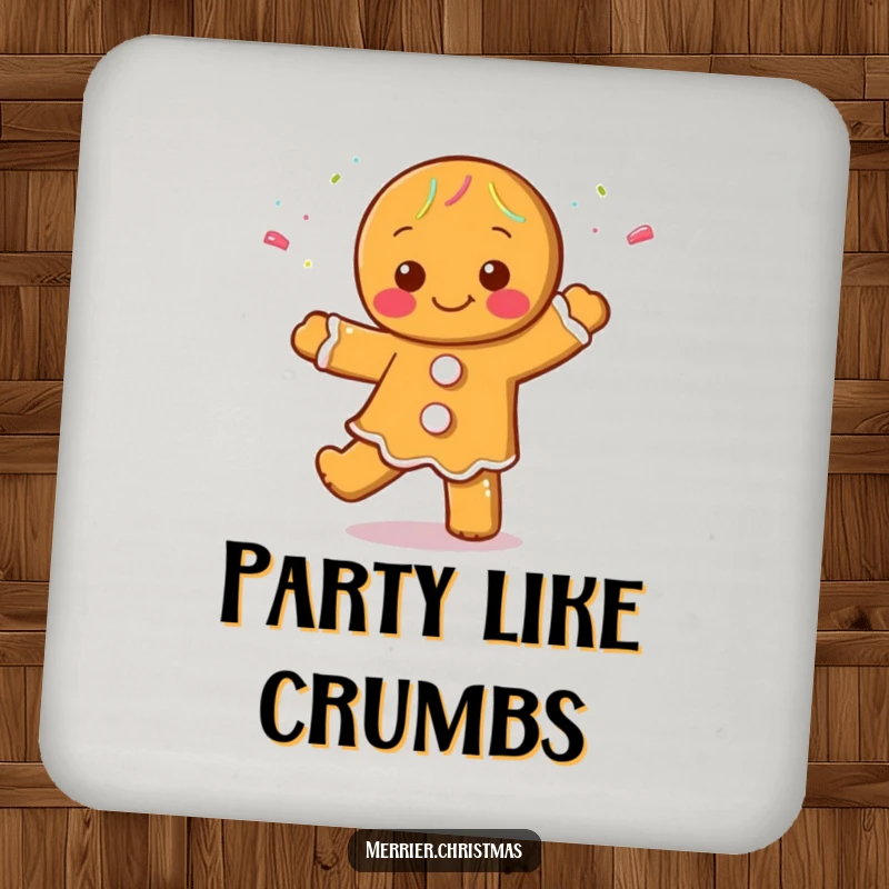 Funny Gingerbread Man Coasters featuring a character dancing cheerfully, covered in sprinkles, protecting surfaces with sweet holiday humor.