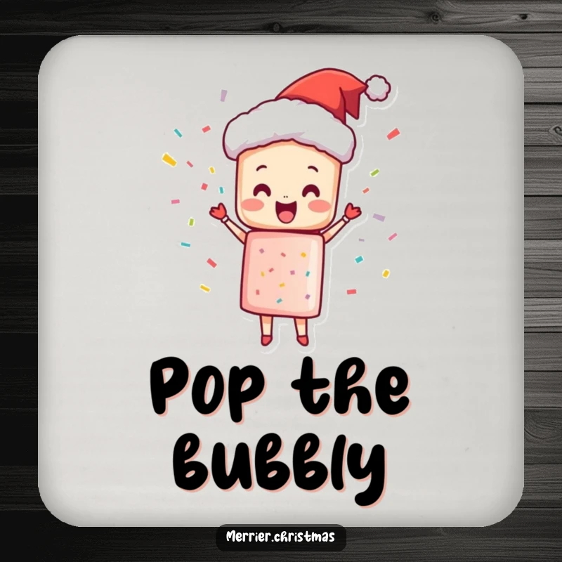 Funny Coaster with a Christmas cracker character joyfully popping with confetti, protecting surfaces with festive fun.