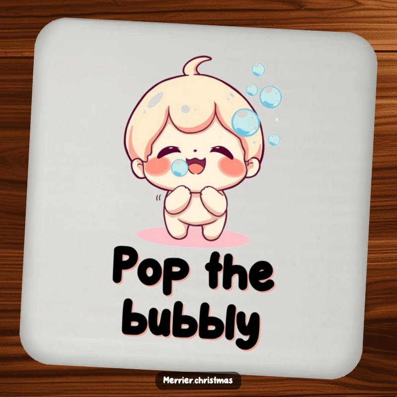 Funny Coaster showcasing a cute kawaii character blowing a stream of sparkly, iridescent bubbles, adding a touch of joy.