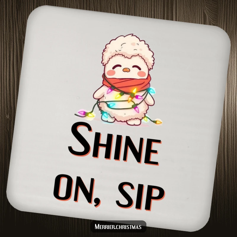 Funny drink coaster with a confused, fuzzy slipper attempting to wear a string of blinking Christmas lights as a scarf.