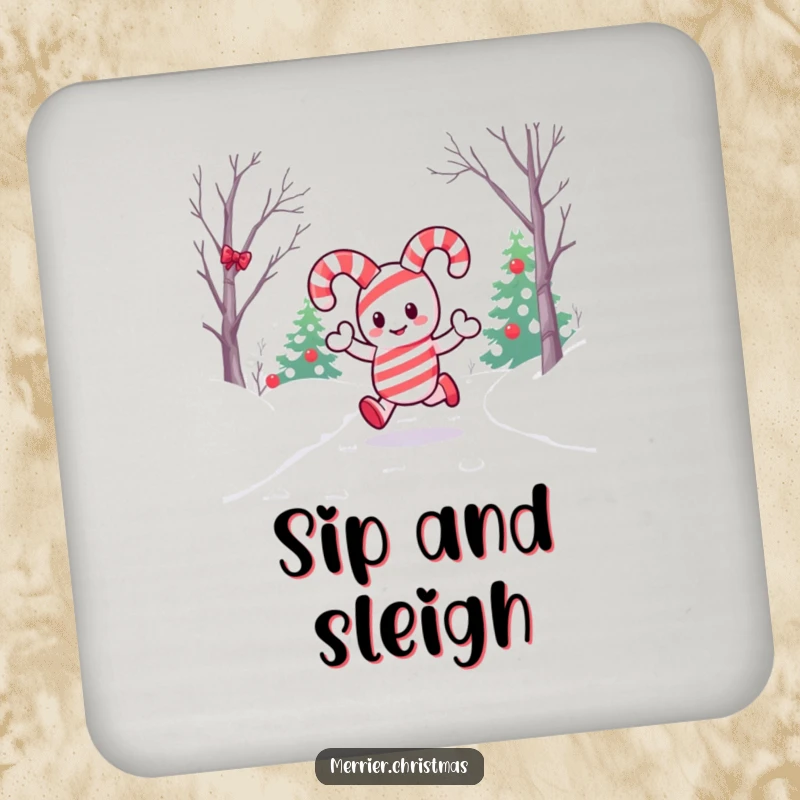 Funny coasters with a kawaii candy cane character, perfect for protecting surfaces during holiday parties and gatherings.
