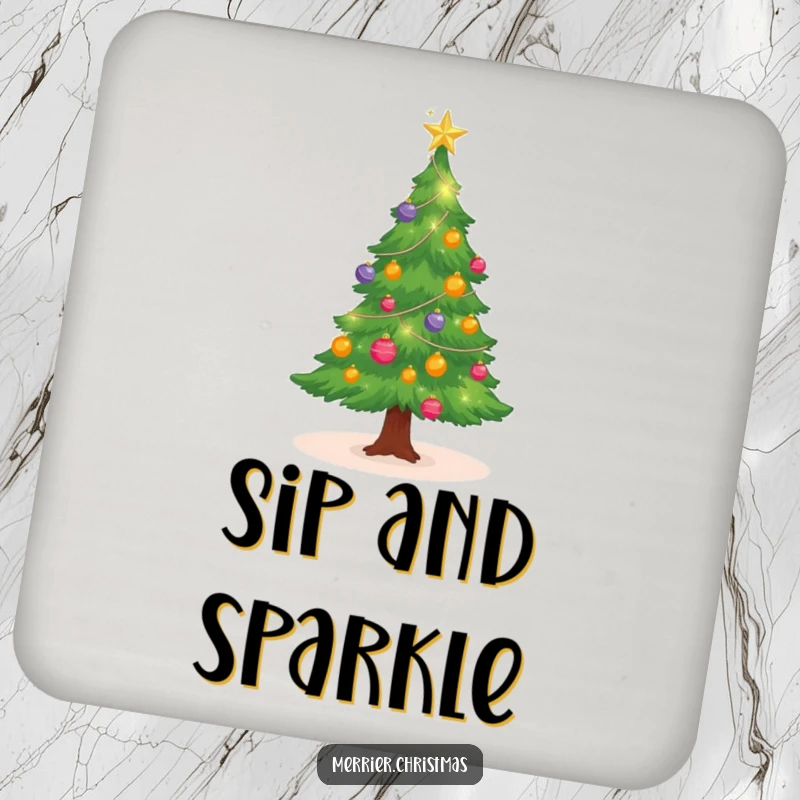Funny Christmas tree drink coaster with sparkling ornaments, twinkling, adding festive flair to any surface, a funny gift.