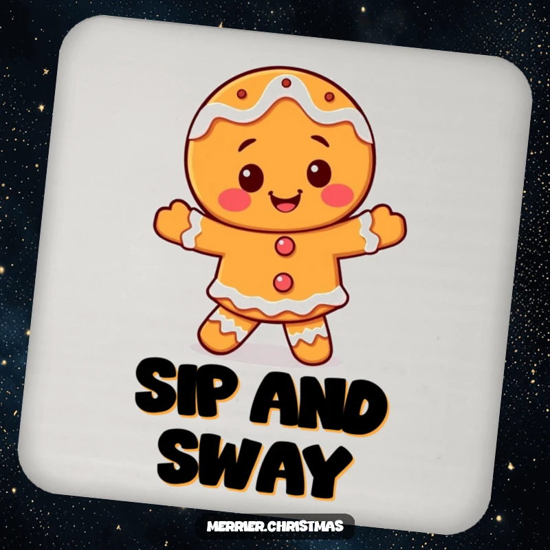 Funny smiling gingerbread character coaster, with icing details, dancing happily, protecting tables with festive cheer.