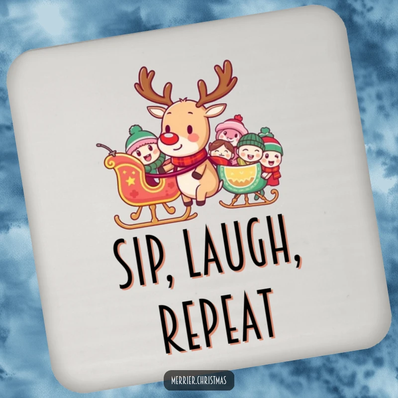 Funny drink coaster with a reindeer pulling a sleigh full of laughing characters, perfect for adding humorous holiday flair.