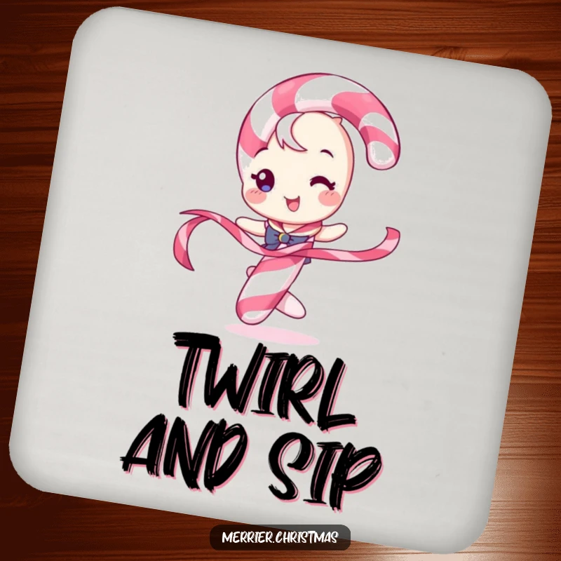 Funny coaster showcasing a candy cane character playfully twirling a ribbon, adding a festive and cheerful touch.