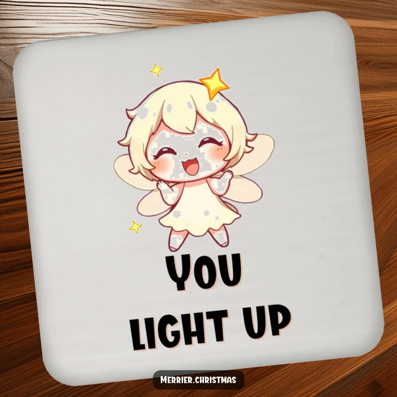 Funny fairy light character twinkling with exaggerated delight, featured on a protective drink coaster for tables.