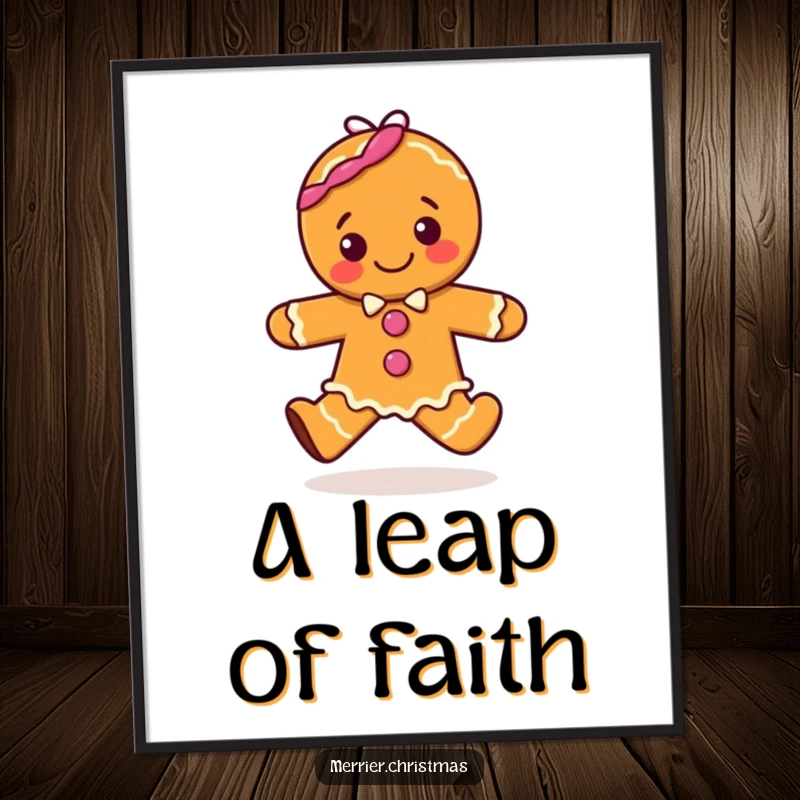 Funny poster art of a joyful gingerbread character in mid-hop, spreading happiness and holiday cheer with its sweet expression.