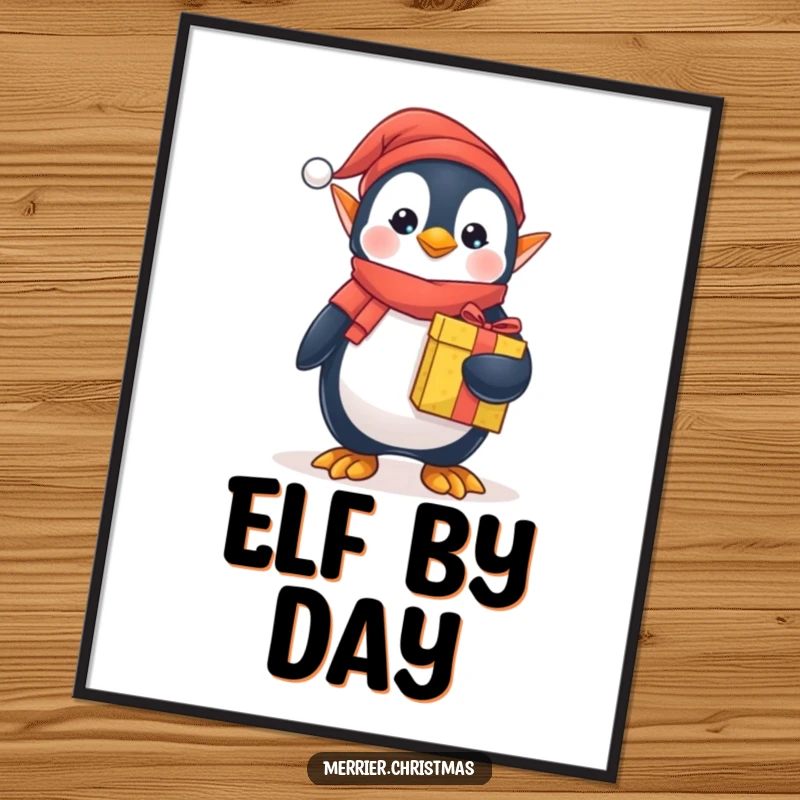 Funny elf penguin poster, dressed as a cute elf, holding a brightly wrapped gift, perfect wall art for Christmas celebrations.