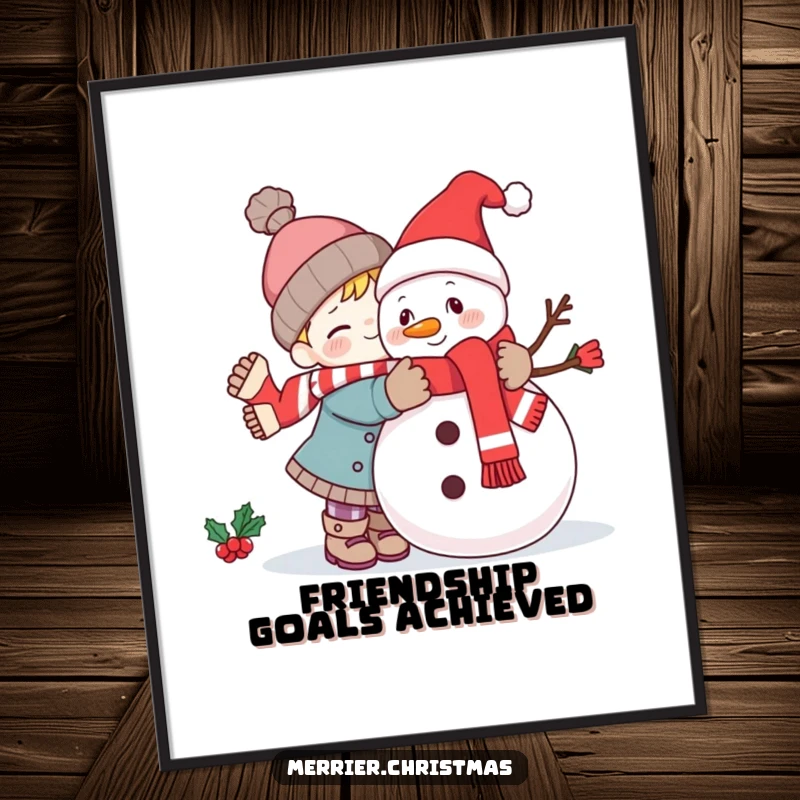 Funny kawaii character giving a festive snowman a big, happy hug, captured in a charming winter poster.