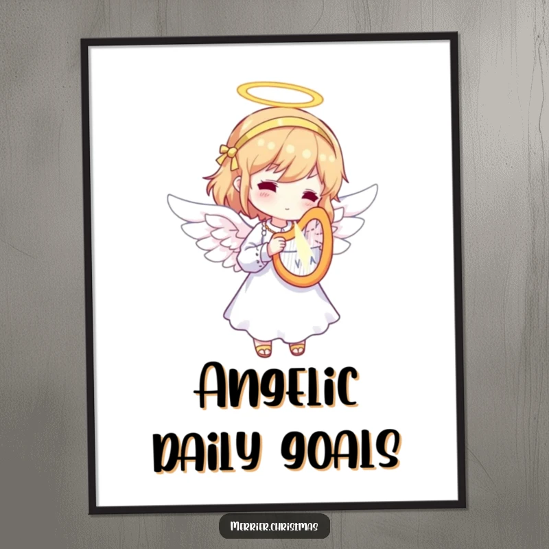 Funny Angel Harp Poster featuring a character dressed as an angel, playing a tiny, radiant harp, creating a divine and humorous wall decoration.