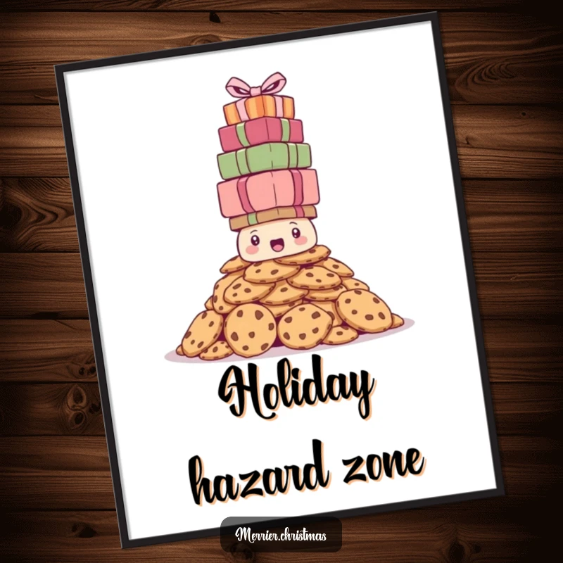 Funny poster print of a bewildered pile of cookies precariously balancing a huge stack of wrapped Christmas presents, a humorous scene.