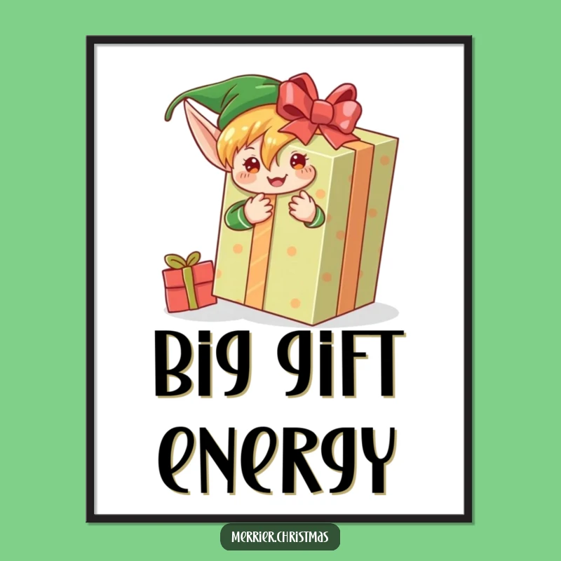 Funny Elf Gift Wrapper Poster: Enthusiastic Holiday Art, Festive Funny Gift