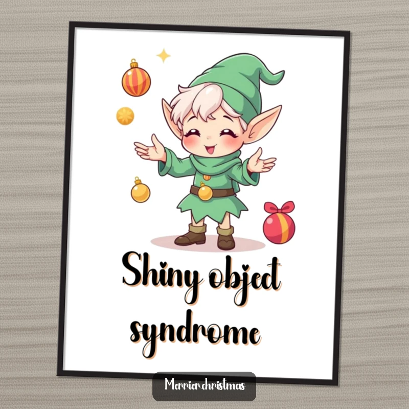 Funny poster art of an overjoyed elf character skillfully juggling numerous shiny Christmas ornaments, capturing a moment of pure festive delight.