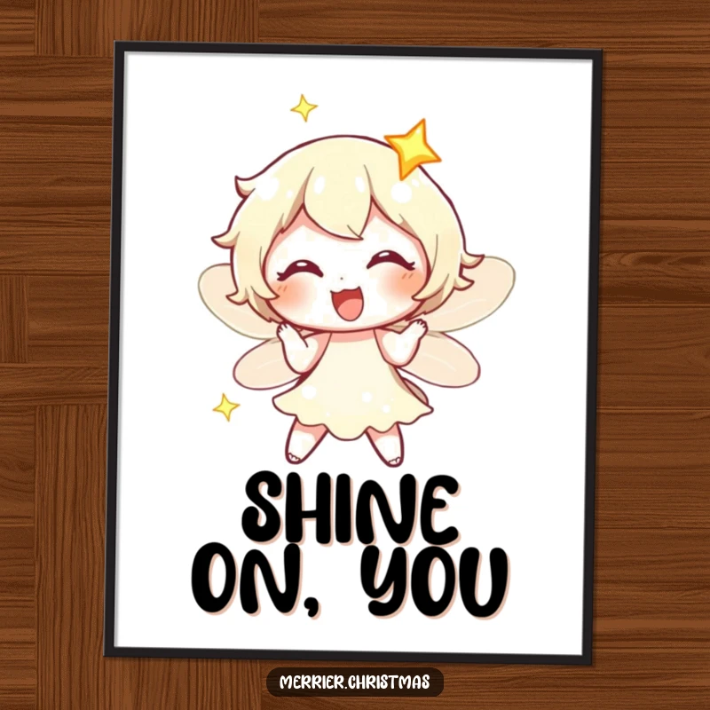 Funny fairy light character twinkling with exaggerated delight, depicted on a vibrant poster to brighten any room.
