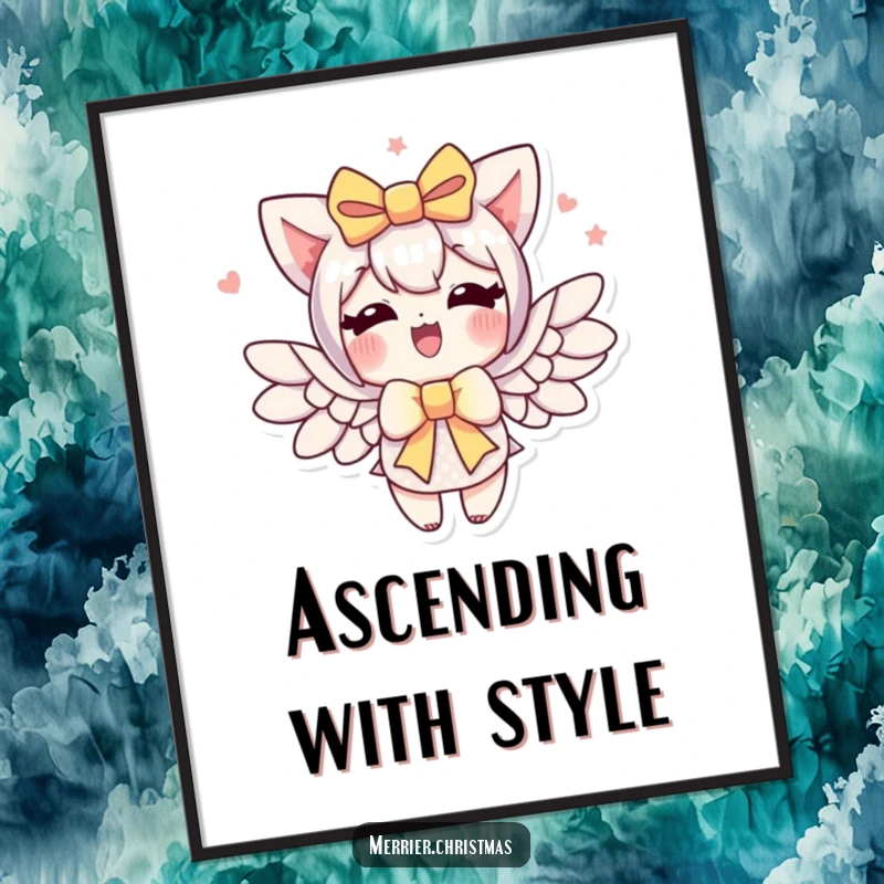 Funny gift bow poster, a character with a gift bow enthusiastically sprouting wings, creating uplifting and humorous art.