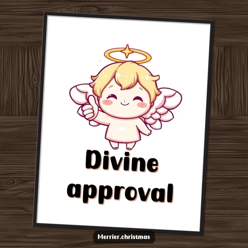 Funny poster showcasing a kawaii angel with a sparkling halo giving a big, cheerful thumbs up, radiating divine happiness.