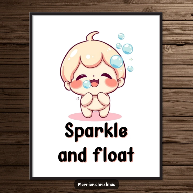 Funny Poster of a kawaii character joyfully blowing a stream of shimmering, sparkly bubbles, creating a magical and happy atmosphere.