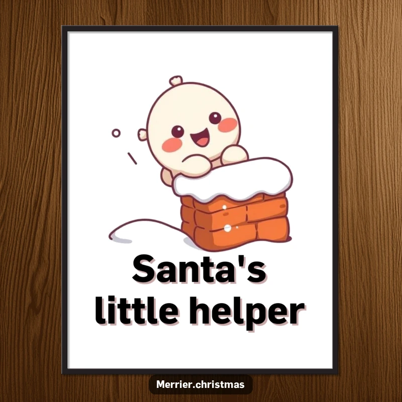 Funny kawaii character joyfully sliding down a chimney, creating a festive and humorous visual for a holiday poster.