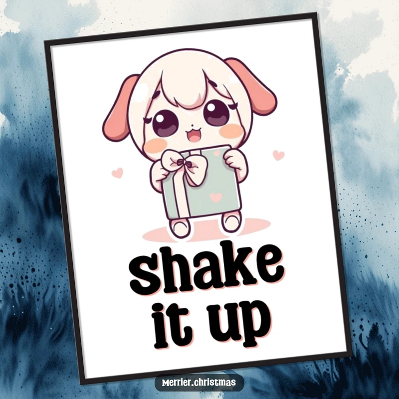 Funny Poster of a kawaii character shaking a wrapped gift with wide, excited eyes, capturing the pure thrill of anticipation.