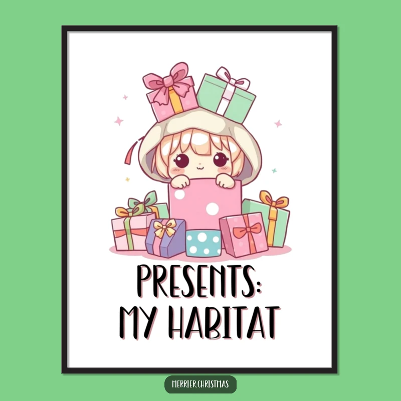Funny Kawaii Peeking Present Pile Poster, Hilarious Wall Art Gift!
