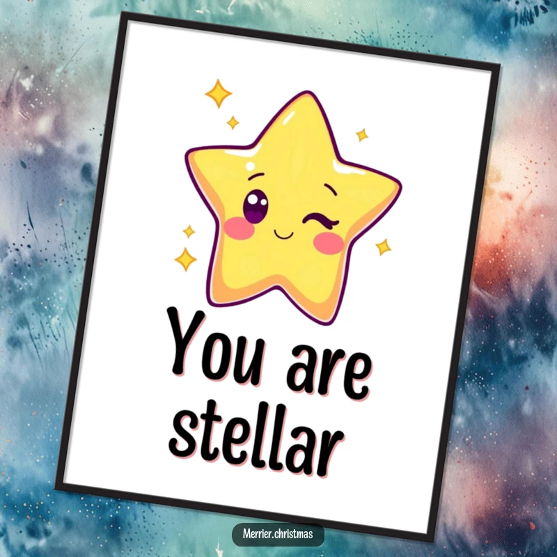 Funny Kawaii Star Poster: Cute cartoon star character winking playfully, radiating light and joy, perfect for inspirational wall decor.