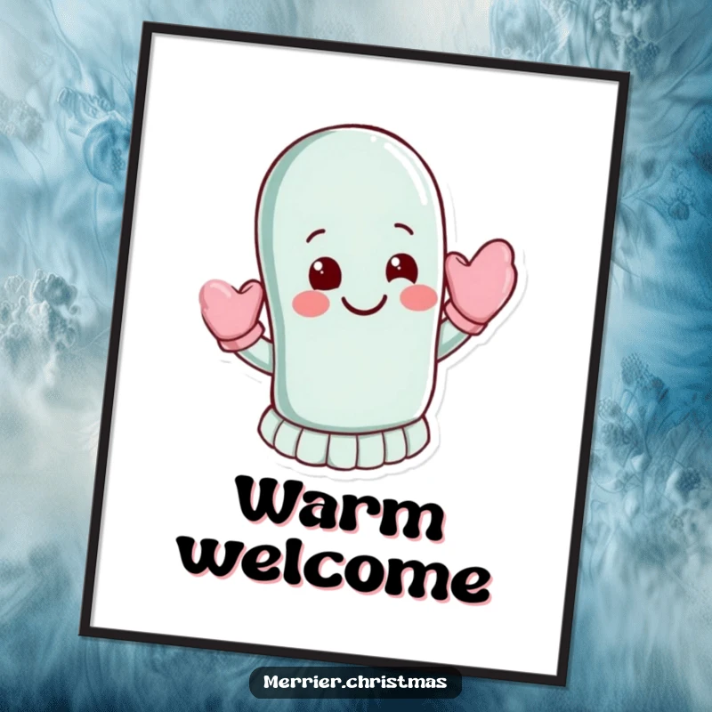 Funny Poster: A mitten character waves energetically with a warm smile, creating a joyful and friendly piece of art.