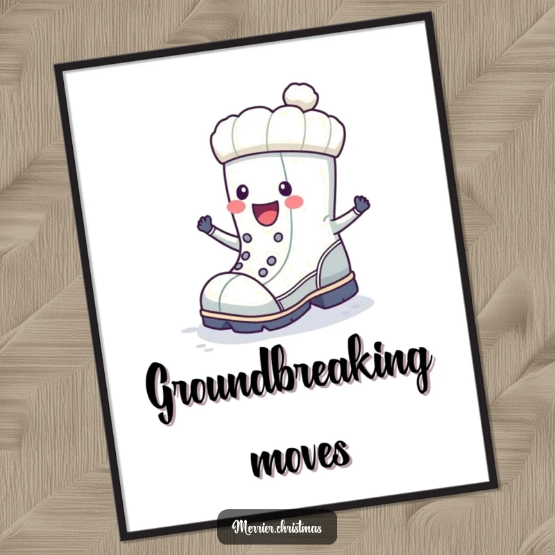 Funny winter boot character captured mid-stomp with pure joy, depicted on a festive winter poster.
