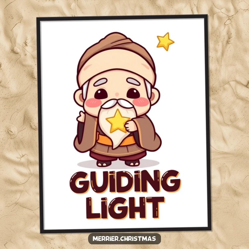Funny poster showcasing a kawaii wise man joyfully offering a tiny, glowing star, radiating warmth and guidance.